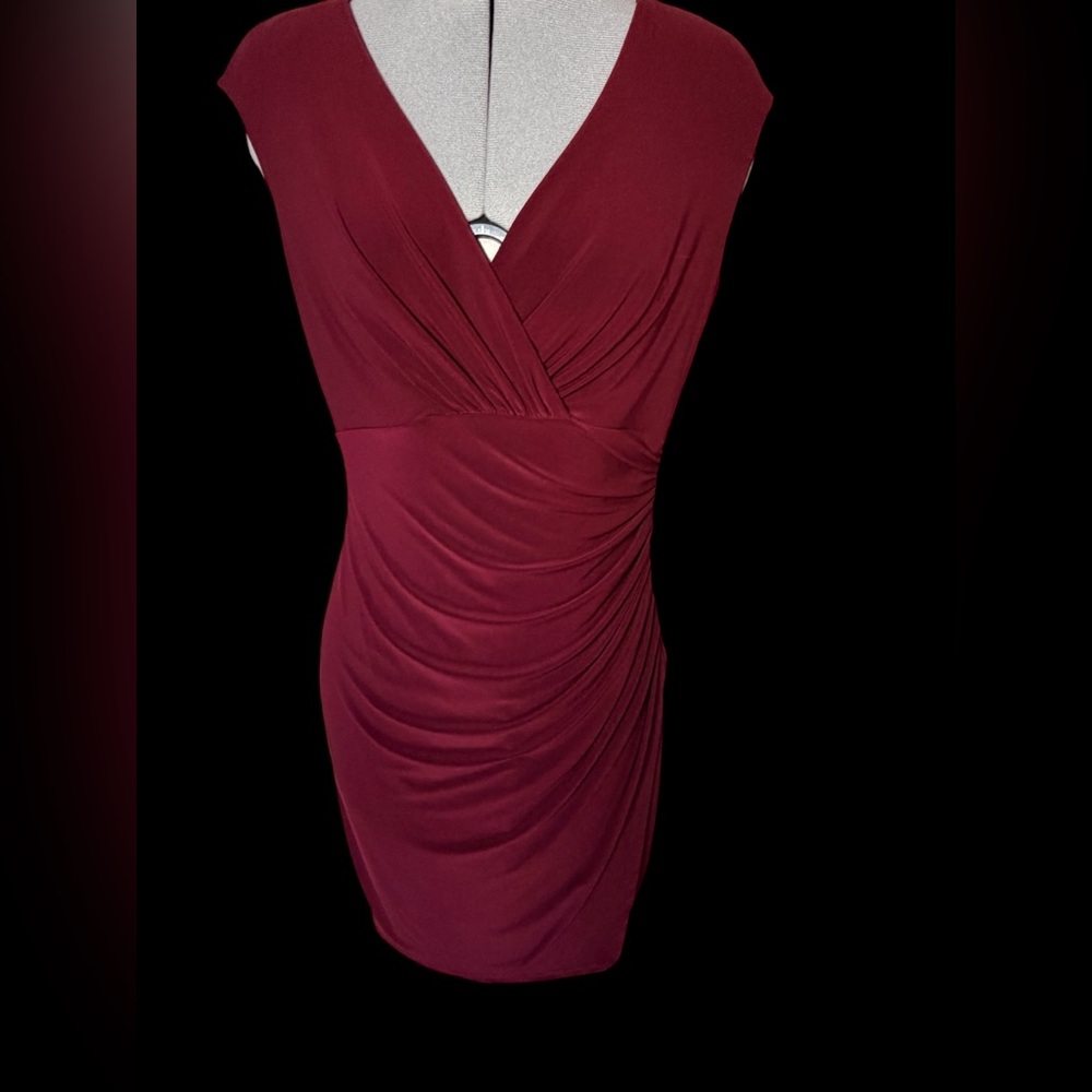 Polo by Ralph Lauren Sleeveless V-Neck Ruched Midi Dress in Burgundy - Picture 2 of 10